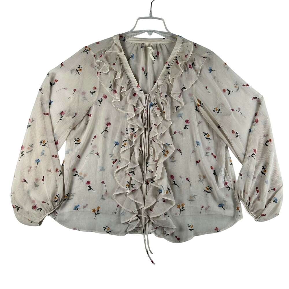 Anthropologie Blouse Womens XL White Floral Ruffle V-Neck Chiffon Top Boho Flowy